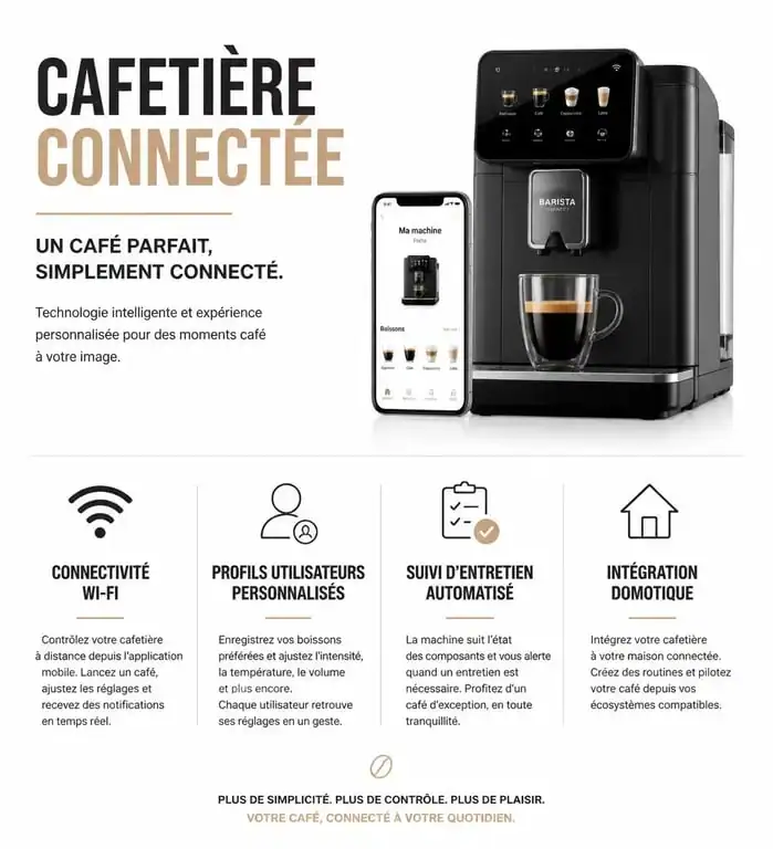 Infographie des fonctionnalités clés d'une cafetière connectée pour une cuisine intelligente