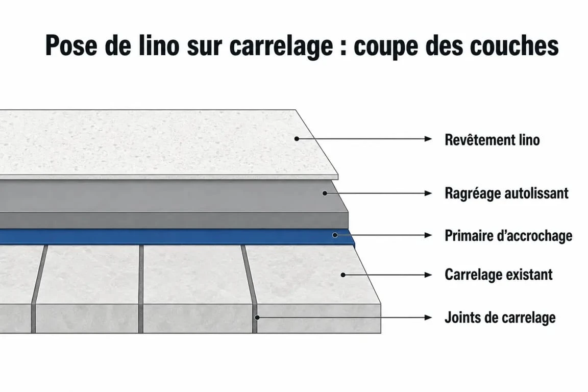 Schéma en coupe de la pose de lino sur carrelage montrant les différentes couches