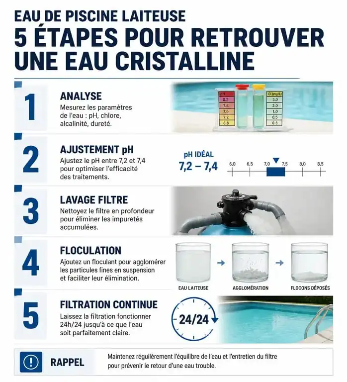 Infographie des étapes pour traiter une eau de piscine laiteuse