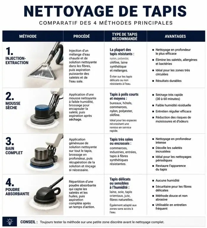 Infographie comparative des méthodes de nettoyage professionnel pour faire nettoyer un tapis