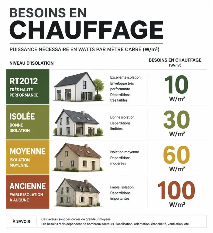 Tableau récapitulatif de la puissance de radiateur par m2 selon l'isolation du logement pour choisir la bonne puissance