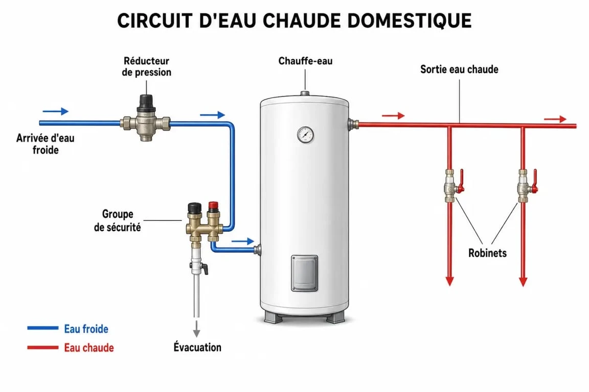 Schéma explicatif des causes de perte de pression d'eau chaude dans une installation domestique