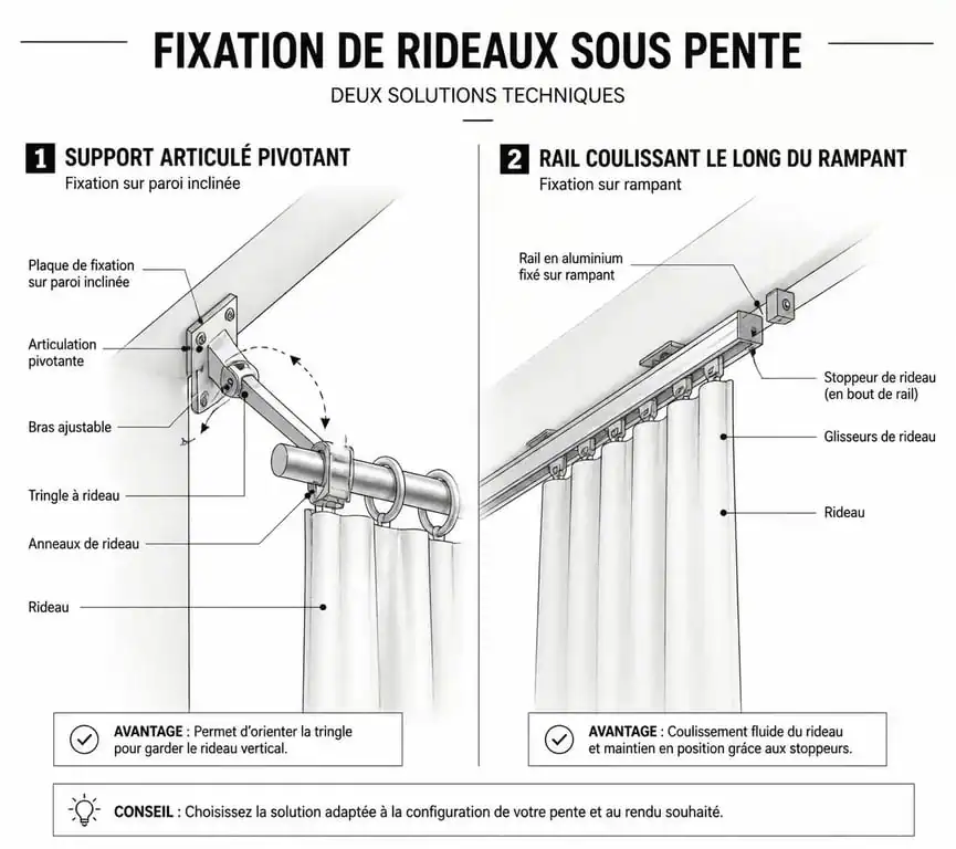 Schéma technique des solutions de fixation pour tringle à rideau sous pente : supports articulés et rails coulissants.