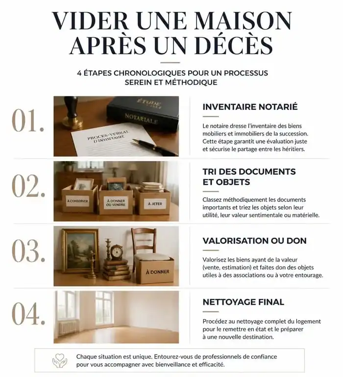 Infographie des étapes pour vider une maison après un décès et gérer la succession
