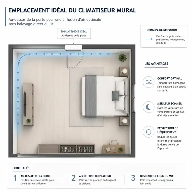 Schéma d'installation optimale d'une climatisation dans une chambre pour éviter les courants d'air directs