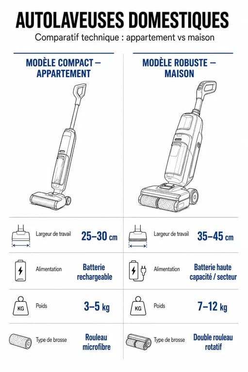 Infographie comparative des caractéristiques techniques pour choisir la meilleure autolaveuse pour particulier