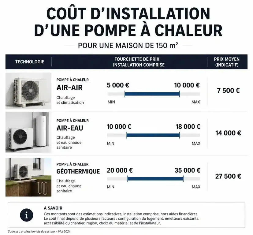 Comparatif des prix d'une pompe à chaleur pour maison de 150m2 selon la technologie