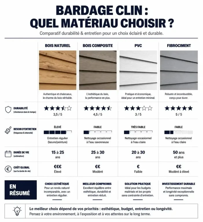 Tableau comparatif des matériaux pour bardage clin : bois, composite, PVC et fibrociment