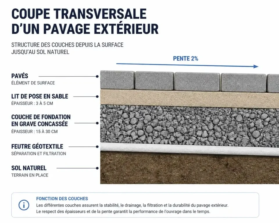 Schéma technique des couches de pose pavage pour une allée durable