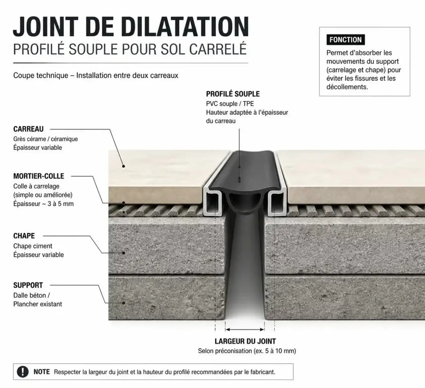 Schéma technique de pose d'un joint de dilatation carrelage