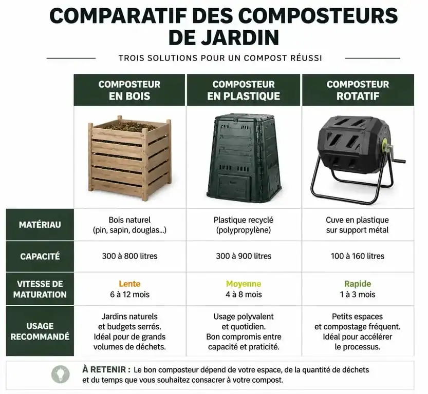 Infographie comparative des différents modèles de composteur jardin : bois, plastique et rotatif