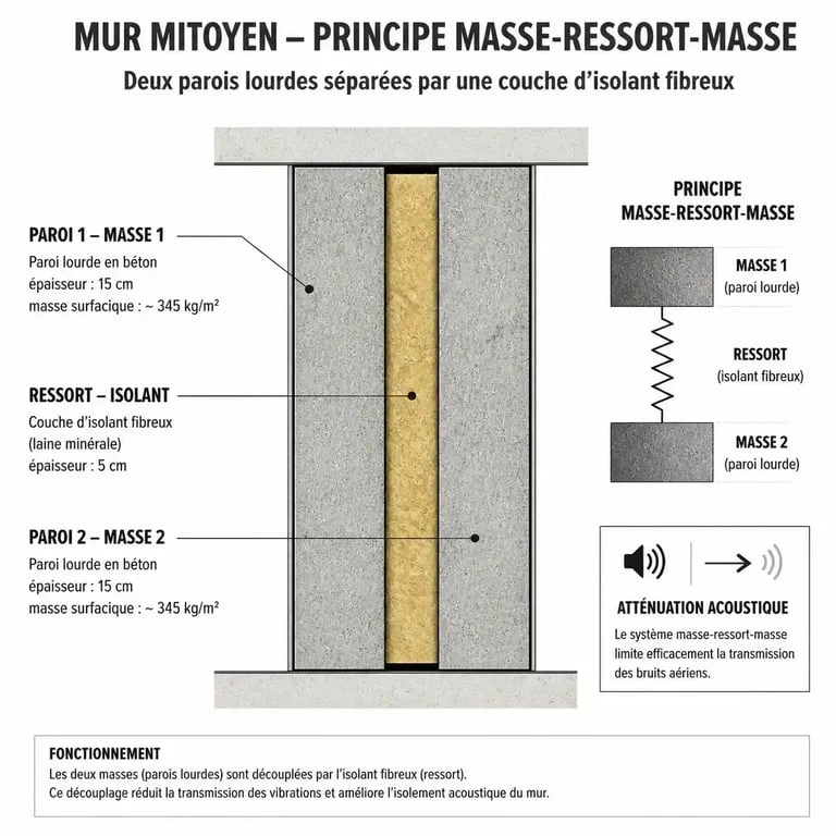 Schéma explicatif du principe masse-ressort-masse pour isoler phoniquement un mur mitoyen