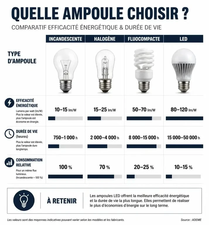Infographie comparative de l'efficacité énergétique des ampoules économiques LED, fluocompactes, halogènes et incandescentes