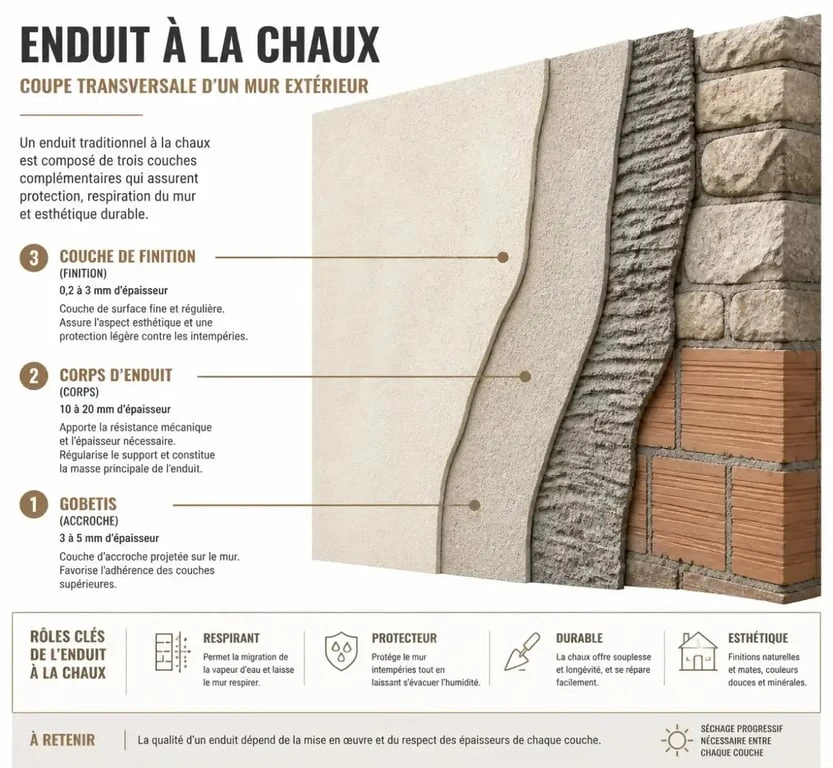 Schéma des trois couches d'un enduit à la chaux pour mur extérieur : gobetis, corps d'enduit et finition