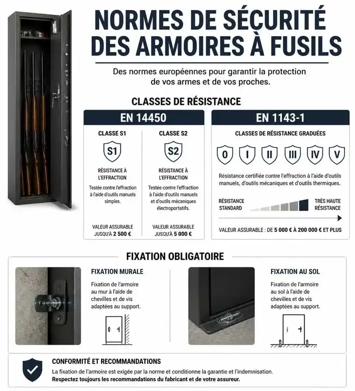 Infographie sur les normes de sécurité et l'installation d'une armoire à fusils pour la conformité légale.