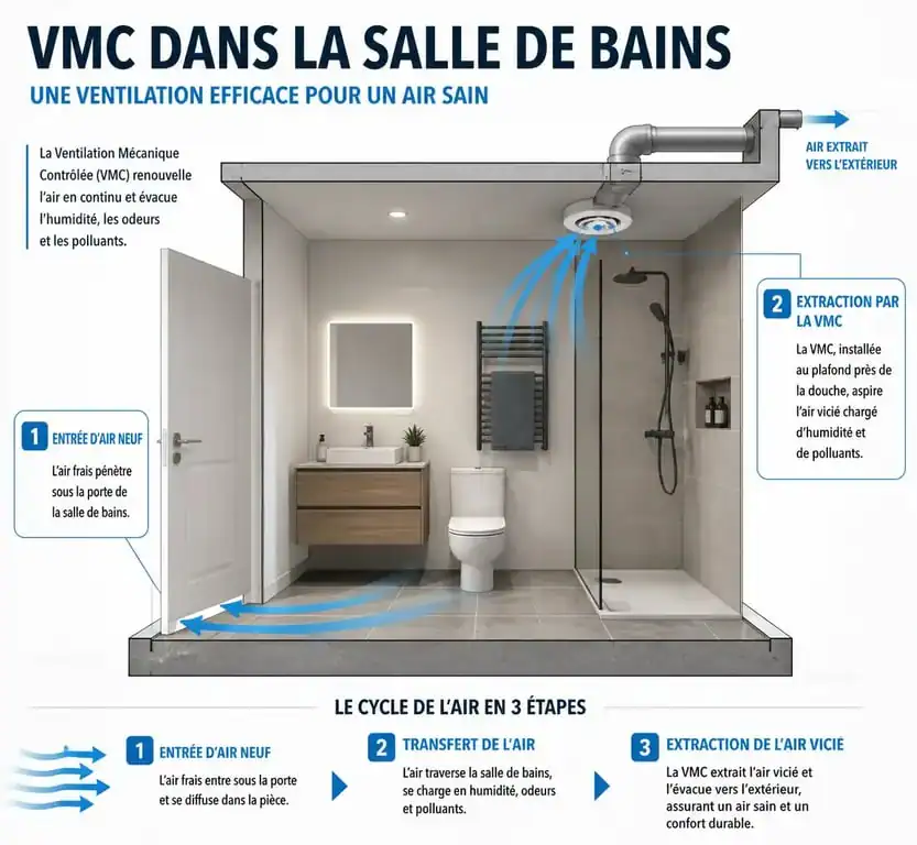 Schéma d'installation d'une VMC dans une salle de bain montrant le flux d'air et le positionnement optimal