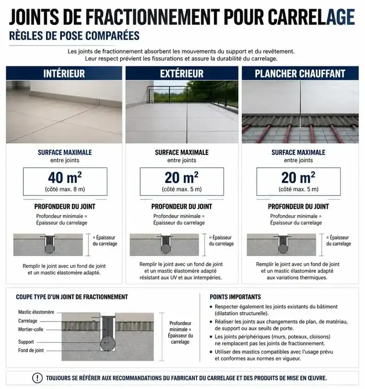 Infographie des règles de pose pour joint de fractionnement carrelage
