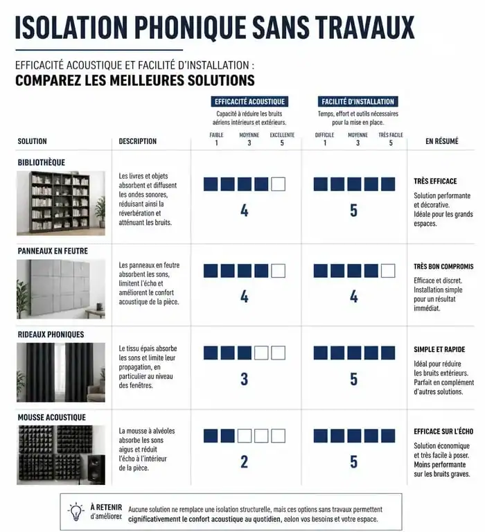 Infographie comparative des solutions d'isolation phonique pour mur de chambre sans travaux