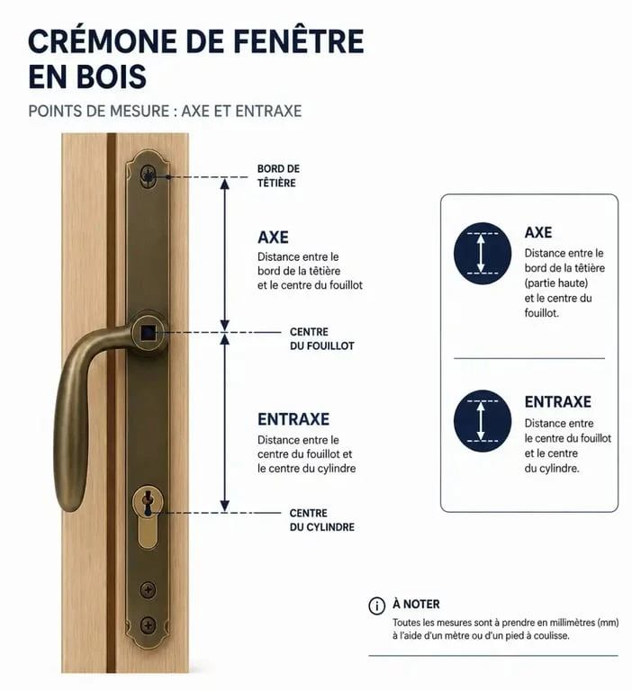 Schéma technique des points de mesure pour le remplacement d'un mécanisme de crémone de fenêtre en bois