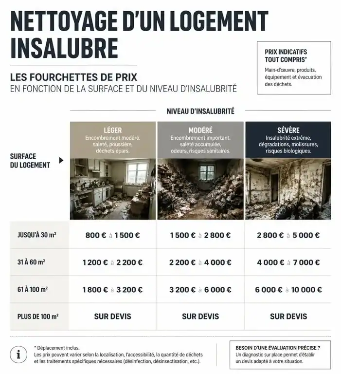 Tableau récapitulatif des tarifs de nettoyage de maison insalubre selon la surface et le niveau d'insalubrité