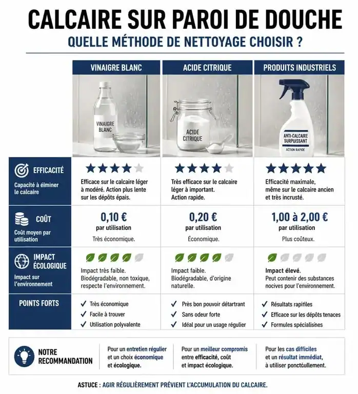 Tableau comparatif des méthodes pour éliminer le calcaire sur une paroi de douche
