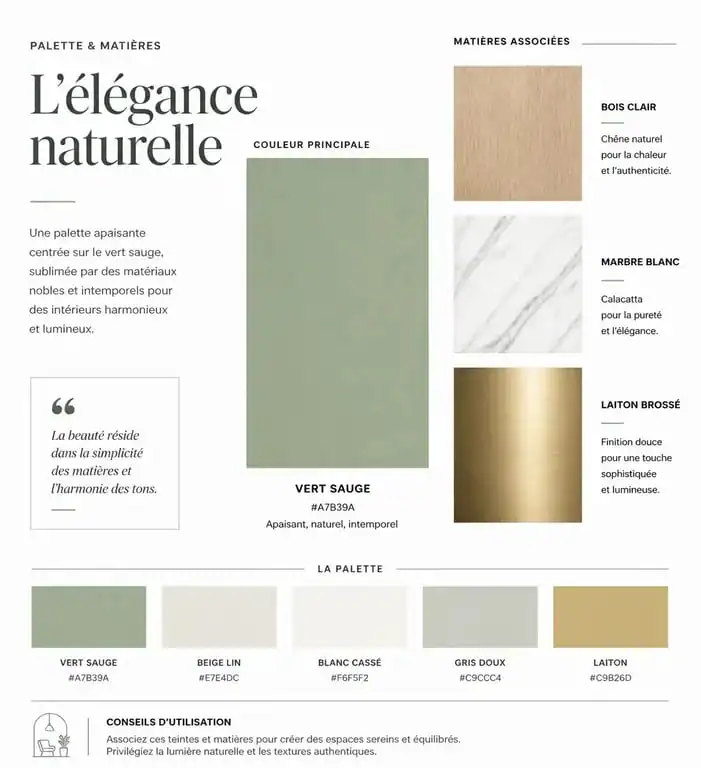 Palette de couleurs vert sauge et ses associations décoratives avec bois, marbre et laiton