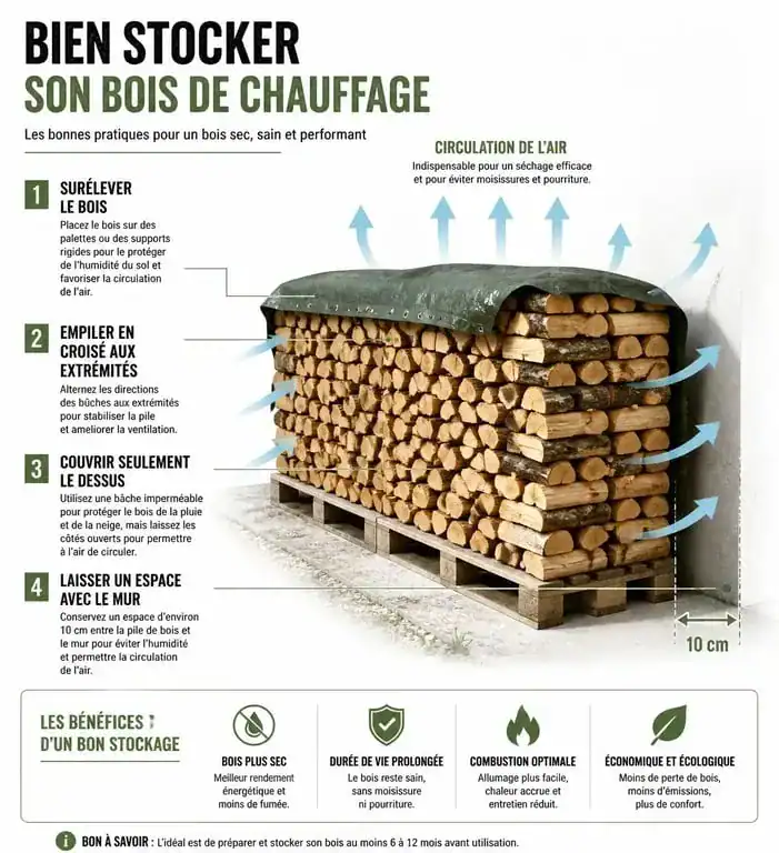 Infographie des bonnes pratiques pour ranger son bois de chauffage efficacement