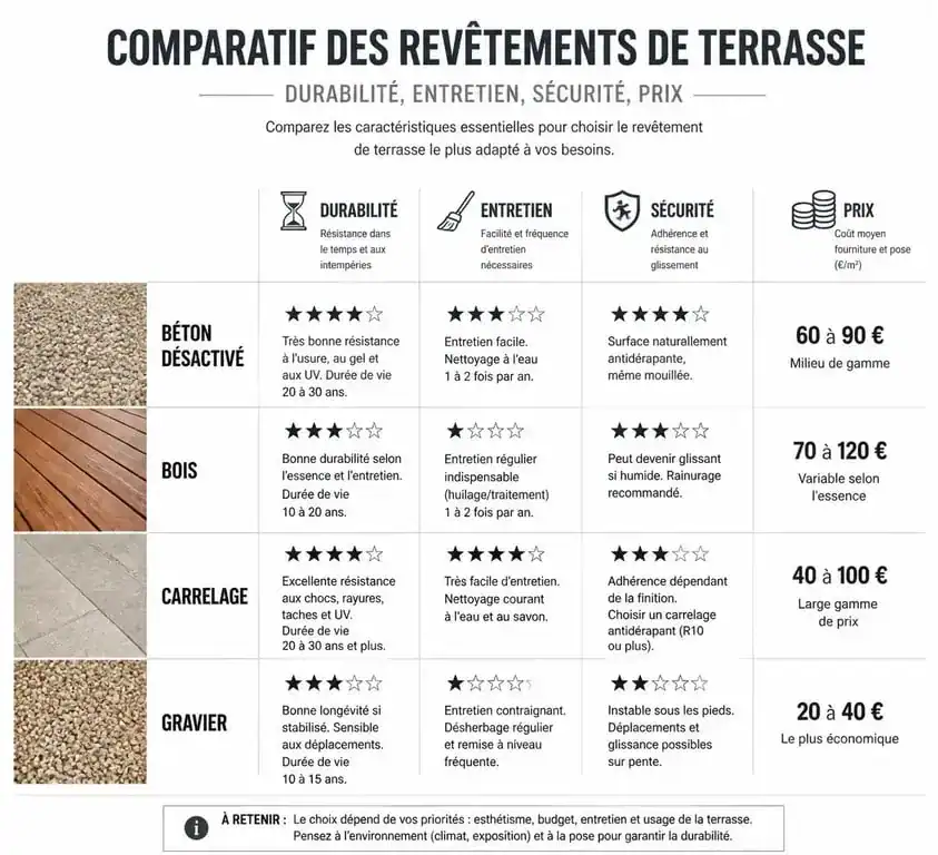 Comparatif des revêtements de terrasse : béton désactivé, bois, carrelage et gravier pour choisir le meilleur matériau pour votre projet.