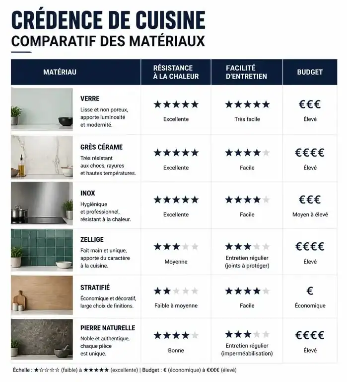Tableau comparatif des matériaux pour choisir sa crédence de cuisine