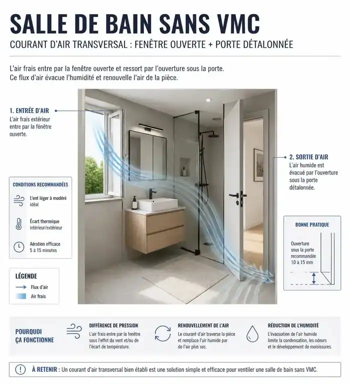 Schéma explicatif pour ventiler une salle de bain sans VMC par courant d'air