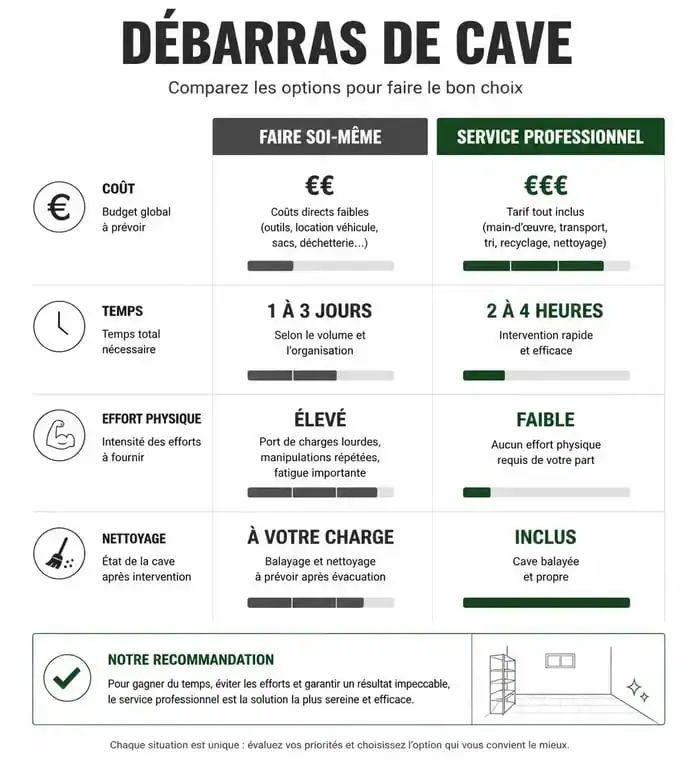 Infographie comparative pour le débarras de cave : choisir entre le faire soi-même ou faire appel à un professionnel.