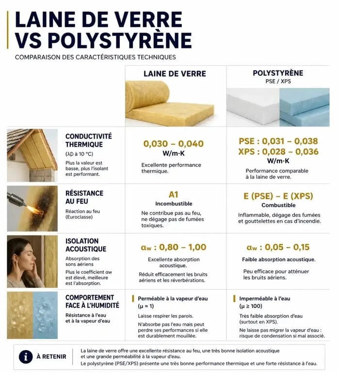 Tableau comparatif des performances entre l'isolation en laine de verre et le polystyrène pour vos travaux d'isolation thermique.