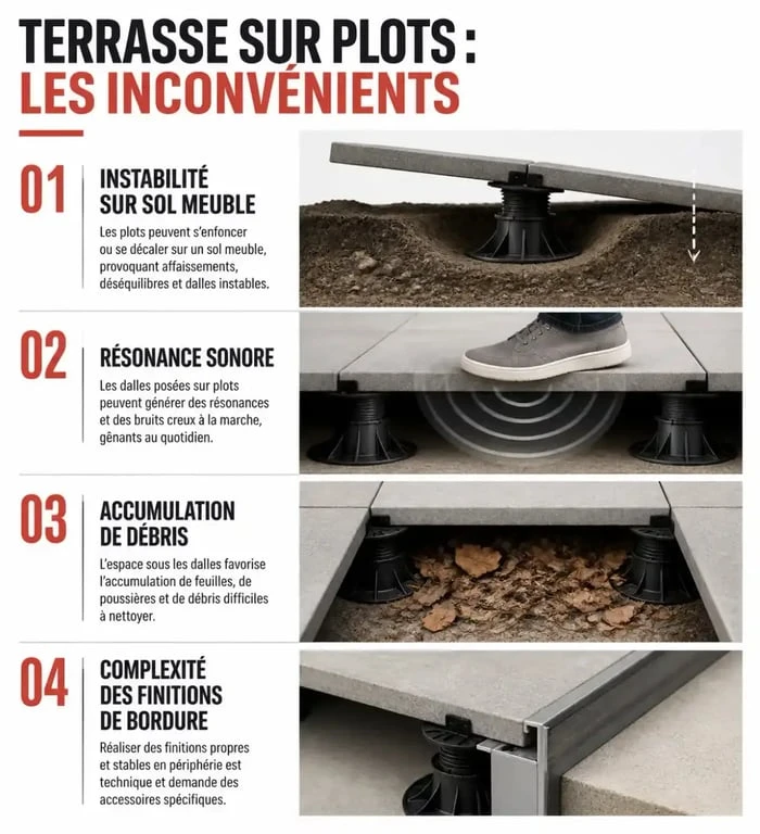 Infographie des inconvénients d'une terrasse sur plots : risques, bruit et entretien