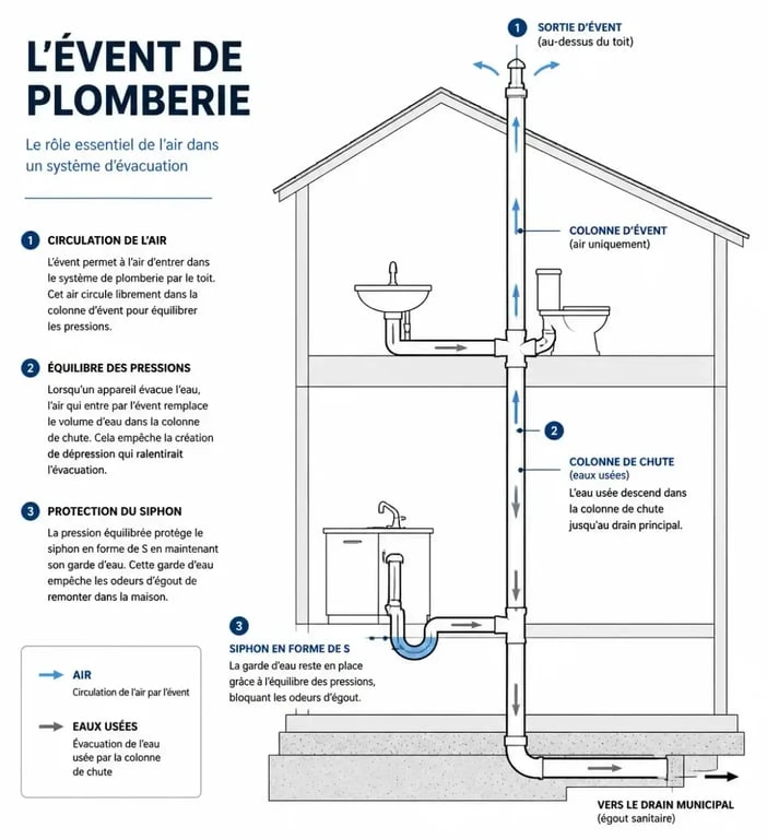Schéma explicatif du fonctionnement d'un évent de plomberie pour éviter les mauvaises odeurs et assurer l'écoulement