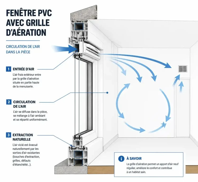 Schéma de fonctionnement d'une grille d'aération sur fenêtre PVC