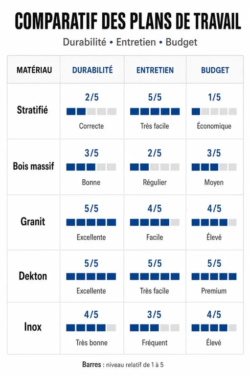 Comparatif des matériaux pour plan de travail 80 cm de profondeur : stratifié, bois, granit, Dekton et inox