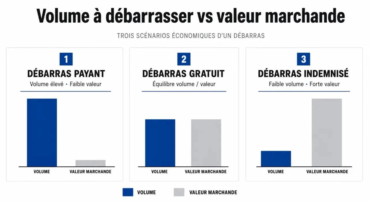Infographie explicative des trois formules de débarras maison : payant, gratuit et indemnisé selon la valeur des objets.