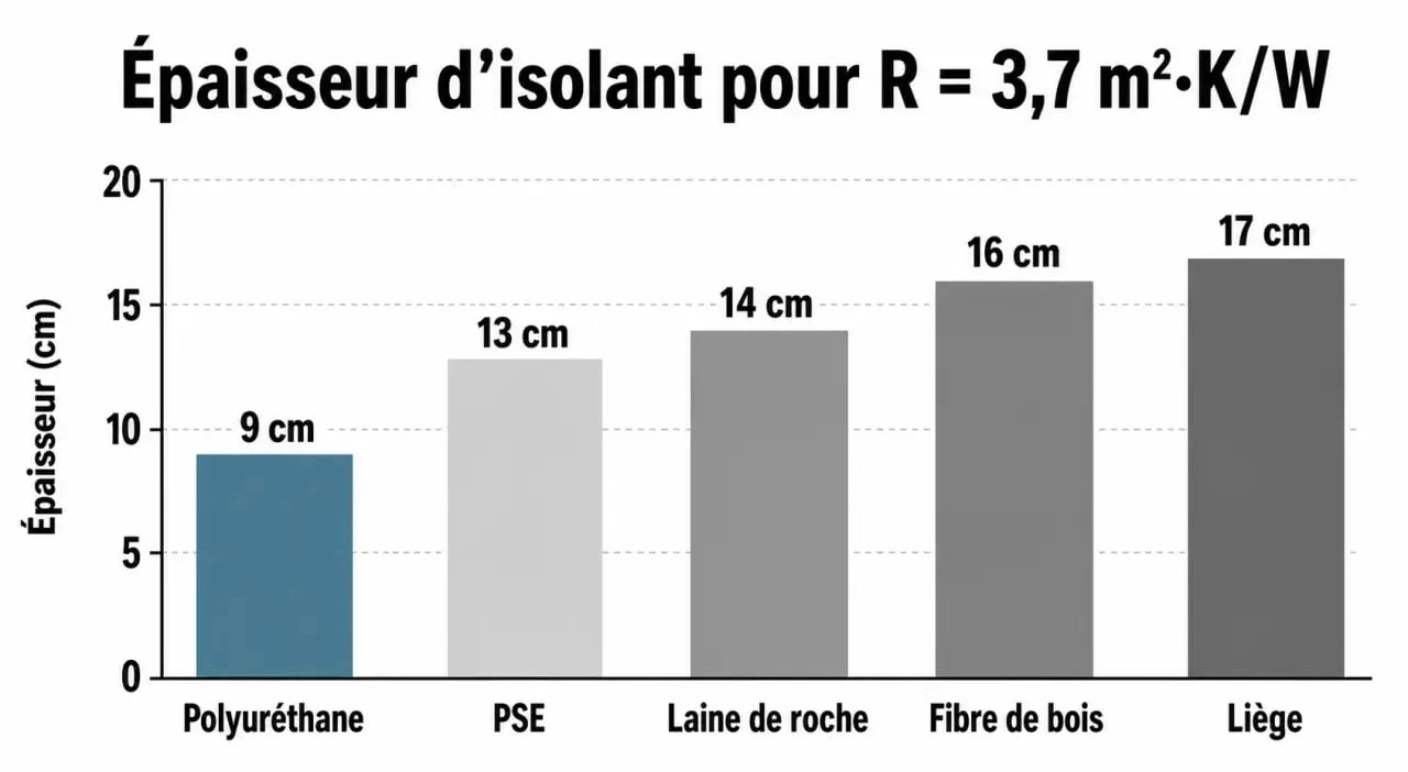 Infographie comparative des épaisseurs d'isolants pour une isolation extérieure performante avec un R de 3,7 m².K/W