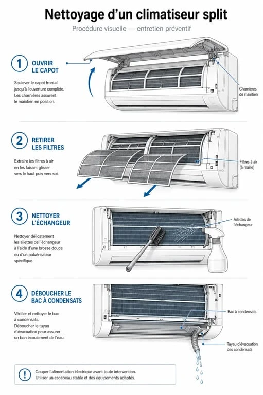 Schéma explicatif des étapes de nettoyage d'un climatiseur pour un entretien efficace