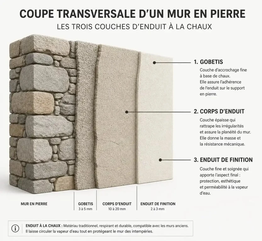 Schéma des trois couches d'un enduit à la chaux pour façade : gobetis, corps d'enduit et finition