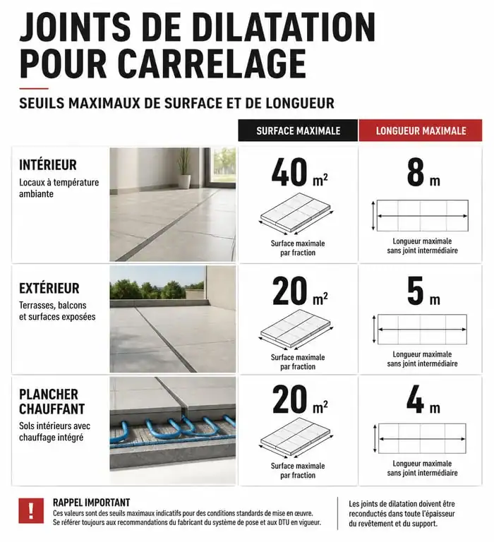 Tableau récapitulatif des seuils pour joint de dilatation carrelage