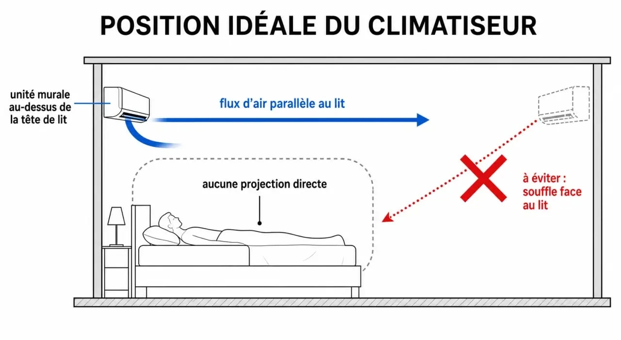 Schéma illustrant où placer une clim dans une chambre pour un confort optimal
