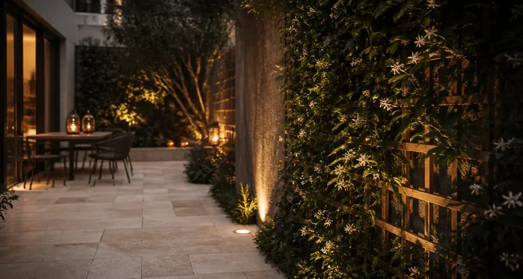 Idee pour cacher un mur exterieur : claustra bois avec vigne et jasmin étoilé