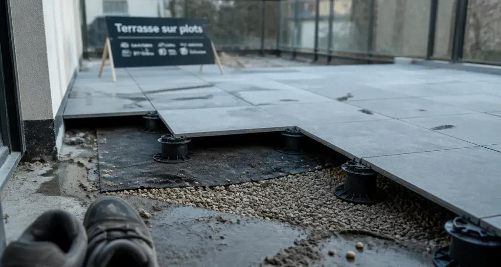 Inconvénient terrasse sur plot : dalles sur plots, film géotextile