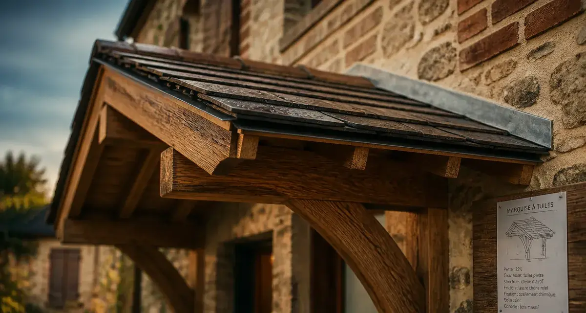 Marquise tuiles en bois massif, entrée durable à pente 30%