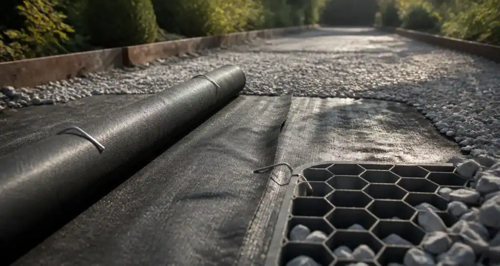 Mettre du gravier sans décaisser : géotextile et stabilisateurs pour allée en gravier.