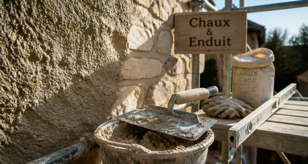 Mur à la chaux extérieur : enduit à la chaux en cours sur mur pierre