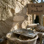 Mur à la chaux extérieur : enduit à la chaux en cours sur mur pierre