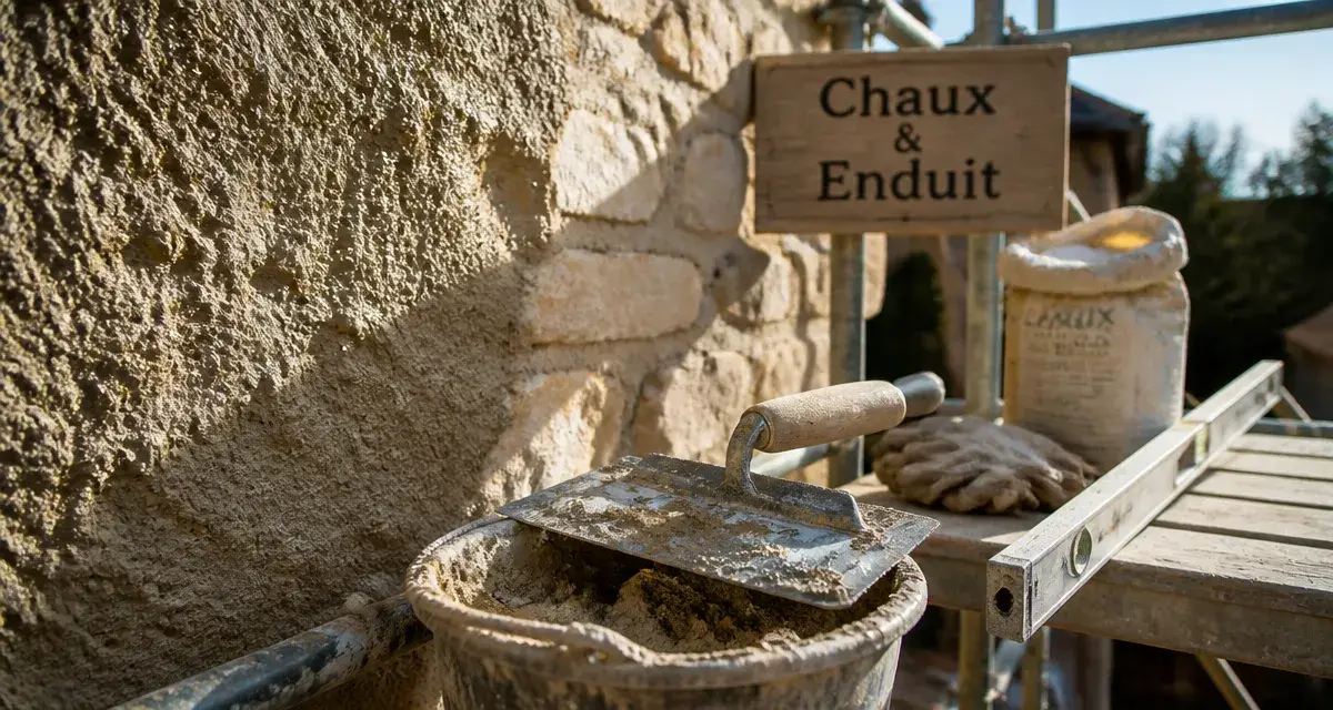 Mur à la chaux extérieur : enduit à la chaux en cours sur mur pierre