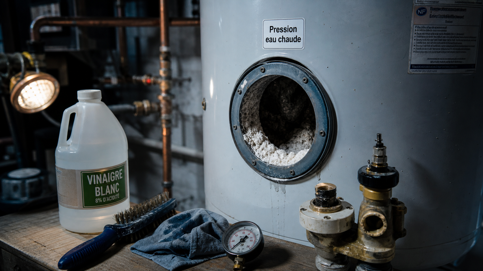 Pas de pression eau chaude : chauffe-eau calcaire, bride ouverte et diagnostic.